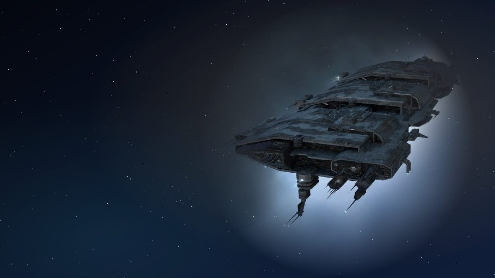 A Charon freighter on a dark starfield banner
